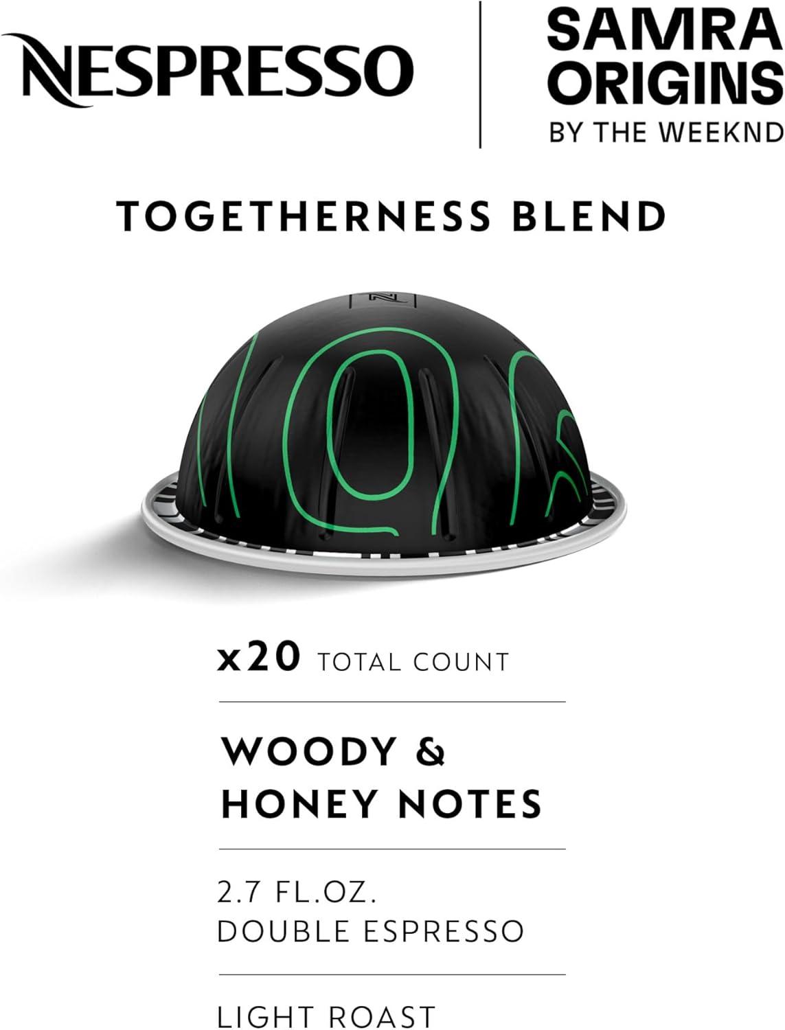 imageNespresso Vertuo Pop Coffee and Espresso Maker by Breville Samra Origins by The Weeknd Aeroccino3 Milk Frother and Togetherness Blend Double Espresso Light Roast 20Count Coffee Pods