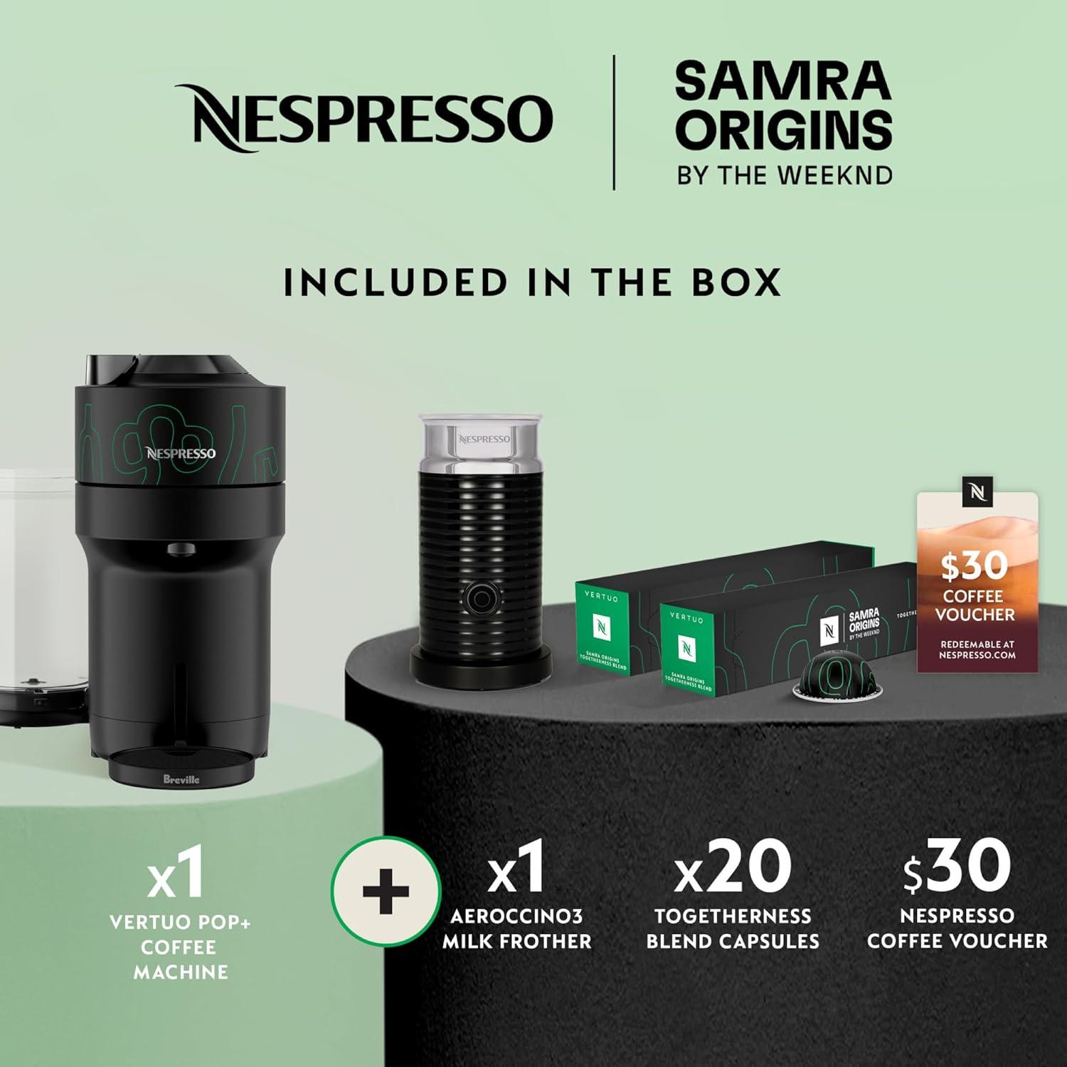 imageNespresso Vertuo Pop Coffee and Espresso Maker by Breville Samra Origins by The Weeknd Aeroccino3 Milk Frother and Togetherness Blend Double Espresso Light Roast 20Count Coffee Pods