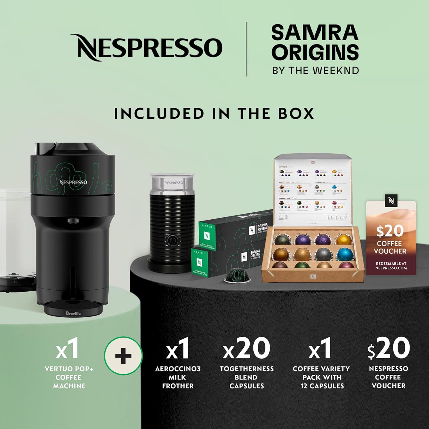 imageNespresso Vertuo Pop Coffee and Espresso Maker by Breville Samra Origins by The Weeknd Vertuo Metad Green Machine and Nespresso Aeroccino3 milk frotherBlackGreen