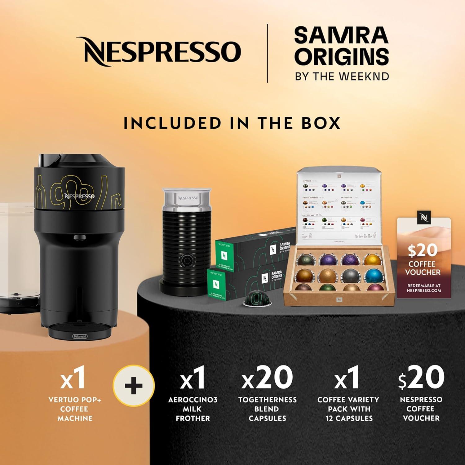 imageNespresso Vertuo Pop Coffee and Espresso Maker by DeLonghi Samra Origins by The Weeknd Aeroccino3 Milk Frother and Togetherness Blend Double Espresso Light Roast 20Count Coffee Pods