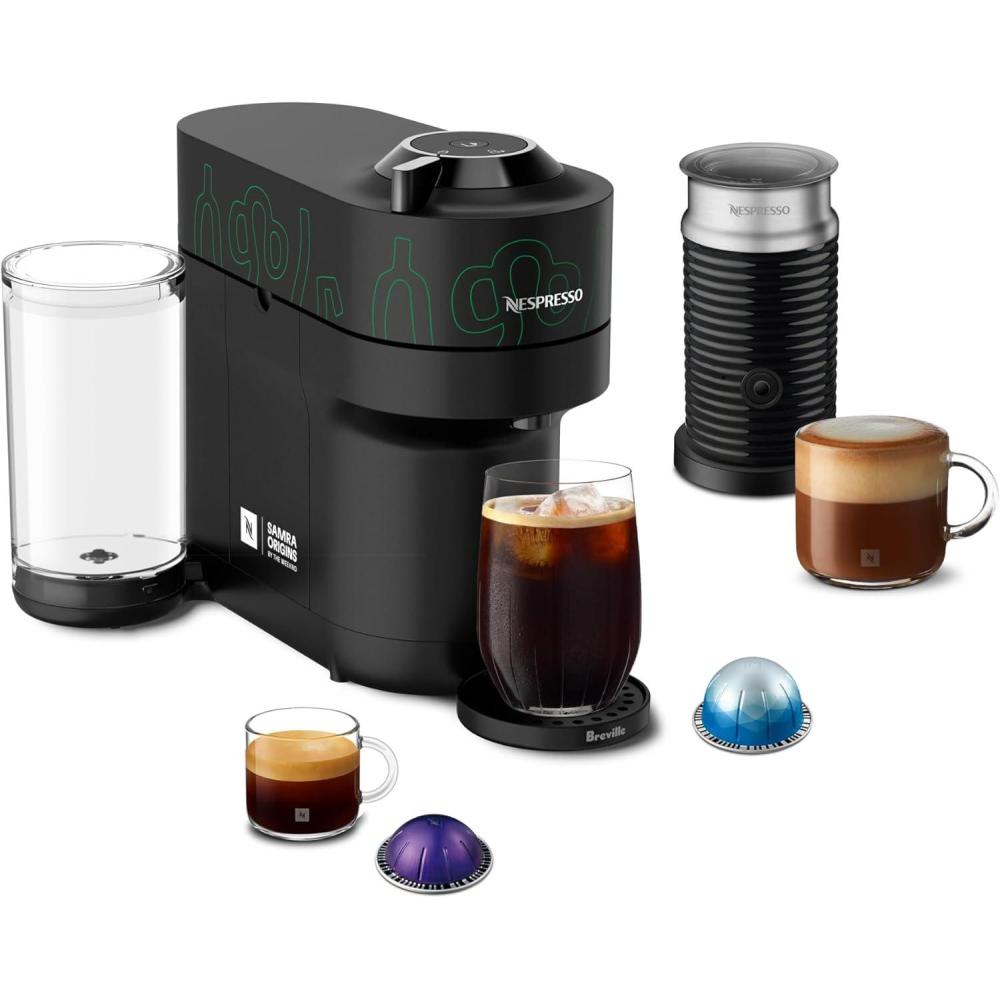 imageNespresso Vertuo Pop Coffee and Espresso Maker by Breville Samra Origins by The Weeknd Vertuo Metad Green Machine and Nespresso Aeroccino3 milk frotherBlackGreen